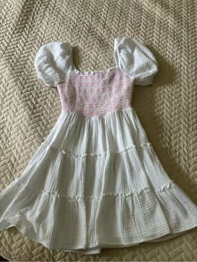 Smocked Puff-Sleeve White & Pink Dress